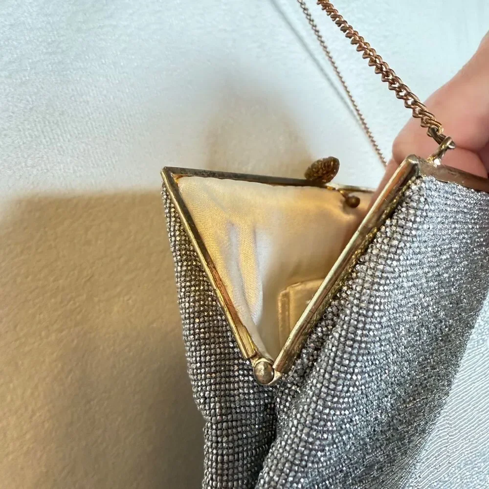 Vintage Made in France Silver Beaded Evening Bag Rhinestone Kiss Lock Purse